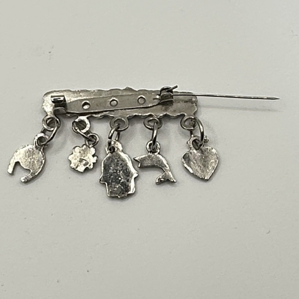 Vintage Silver Tone Brooch Pin Blue Enamel Hamsa Evil Eye Charms Luck Protection - Picture 3 of 10